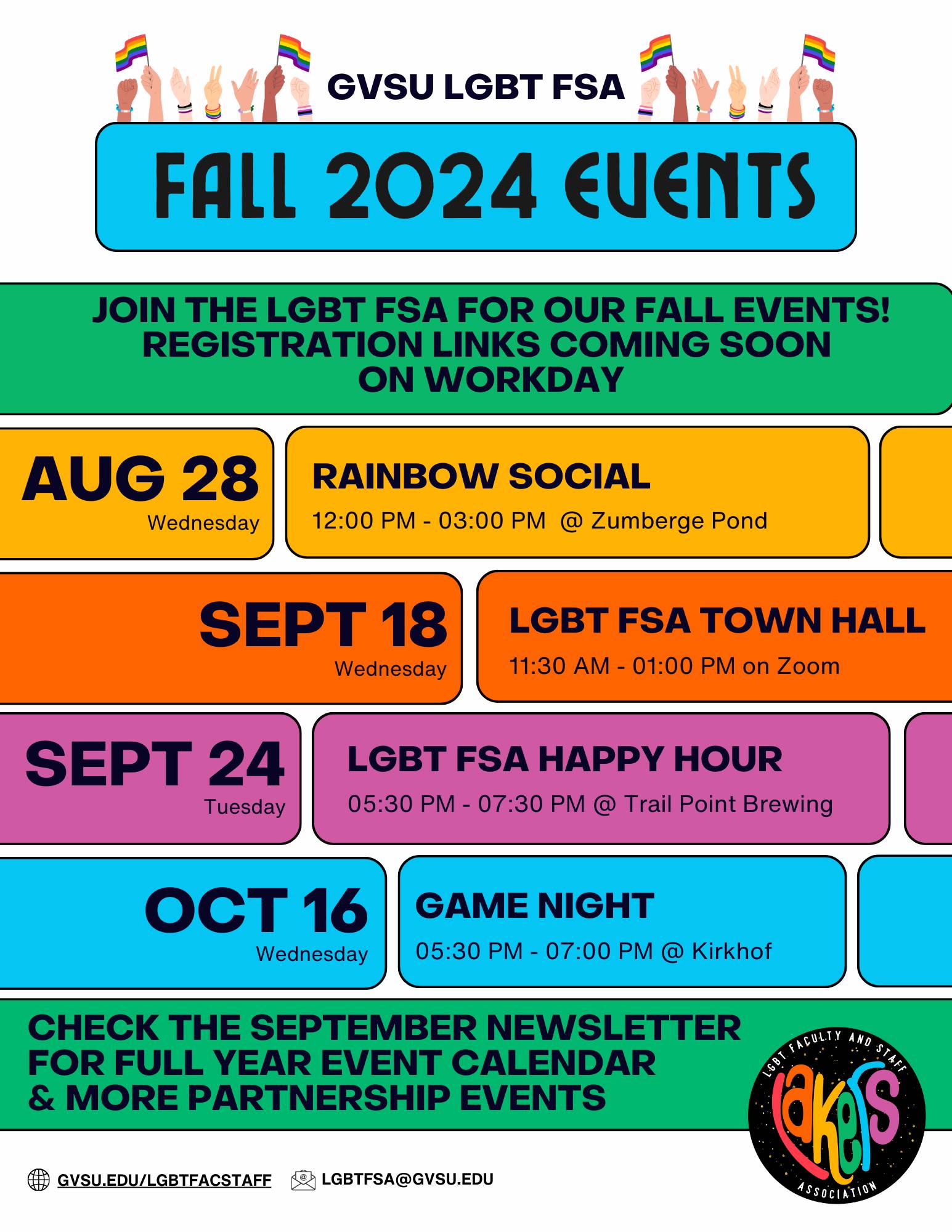 Fall 2024 GVSU LGBT FSA Event Calendar - all event information is also included elsewhere on this page